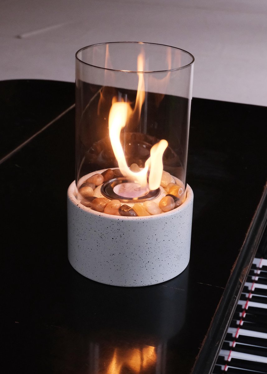 Luxe Ronde Tafelhaard met Gekleurde Natuurstenen - Witte Sfeerhaard - Bio Ethanol, Metaal en Glas - Geschikt voor Binnen en Buiten - Perfect Kerstcadeau (6096410282253)